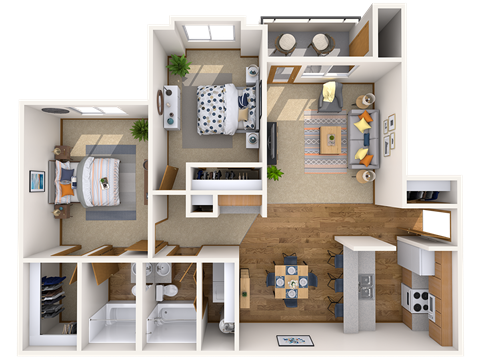 Floor plan for 2 beds, 2 baths, 1070 sqft
